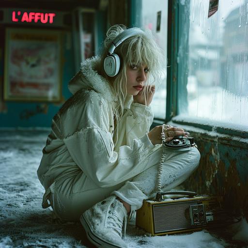 in a harry gruyaert photography style, a woman with blond messy punk mullet haircut, in white clothes and fluffy white shoes with studio fluffy headphones sitting on the ice holding a tape recorder, in a gloomy belgian cafe with a sign saying 