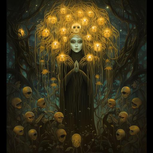 in the style of Gustav Klimt, cult-cryptids dressed in bioluminescent faerietale couture, calming flames radiating from the depths of a forbidden jungle, Gold-leaf art by Gustav Klimt