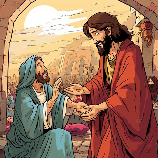 jesus heals an old lady colorful cartoon