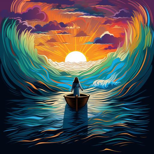 jesus in a boat calming the storm colorful cartoon