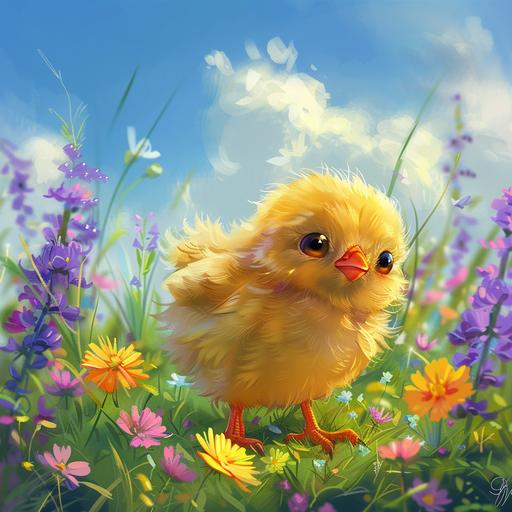 lease draw a charming and adorable chick playing in a flower garden on a sunny spring day. The chick has fluffy yellow feathers and big eyes, adding to its cuteness. Around it, there are flowers of various colors in full bloom, and the blue sky and sunshine are shining on the chick. This scene gives a warm and cozy feeling, like a page from a fairy tale.