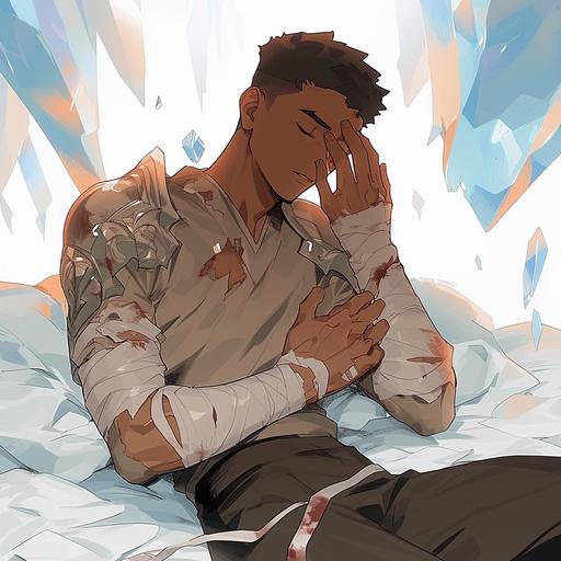 light brown skin male lying on the hospital bed holding his head, wrapped in bandages, injured and wounded, high detail, high quality, complex design, --niji 6