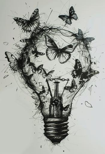 lightbulb and butterflies abstract handdrawn sketch, in the style of subtle realism, intricate storytelling --ar 87:128