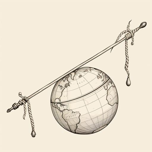 : line art hobo bindle stick, world globe lines on sack --no hobo person