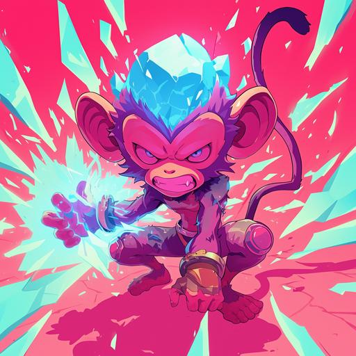 little crystal mutant monkey going berserk and shattering his restraint in the forest, cartoon, high detail, high quality, complex design, --niji 6