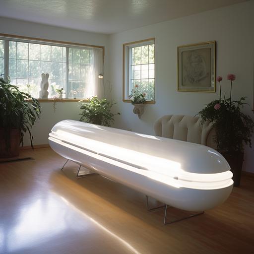 long white plastic coffin with rounded ends, futuristic, in an old lady’s living room