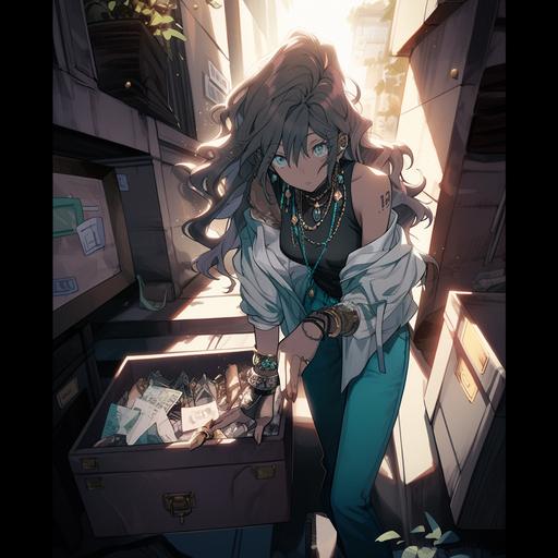 , make her in casual rock clothes , Jean shorts and a rock band teal T-shirt , in a dark room with old furniture searching inside a weird royal box , make her look sceptical, her hands searching inside the box , sitting down near the box , looking shocked ::5 --niji --no Outdoors, alley --s 750