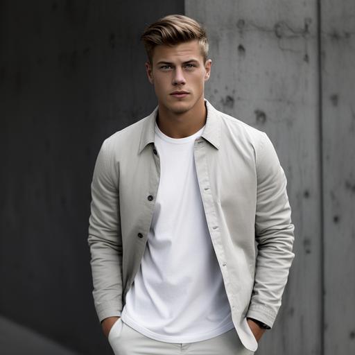 ! male model, age of 23. He looks like Toni Kroos. He is shot in front of a concrete wall. Model is wearing a light grey heather shirt jacket with pocket and a clean pant in the same light grey heather quality. Underneed he is wearing a white tee. Look and feel very minimalistic Scandinavian city life. --v 5.2