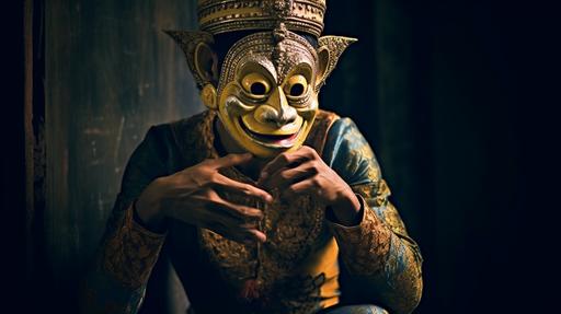 man with cambodian monkey mask in the theatre with dramatic lighting --ar 16:9