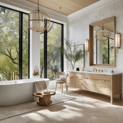 master bathroom with two vanities, free standing tub, big window by tub, light flooring, light wood vanities, brass accents