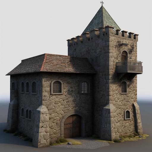 , medieval, single massive tall stone tower, high, grey stone, parapets, tiled roof, slitted windows, fortress, small wooden gate doors, balcony, courtyard, highly detailed, photorealistic, rustic, masonry, architecture