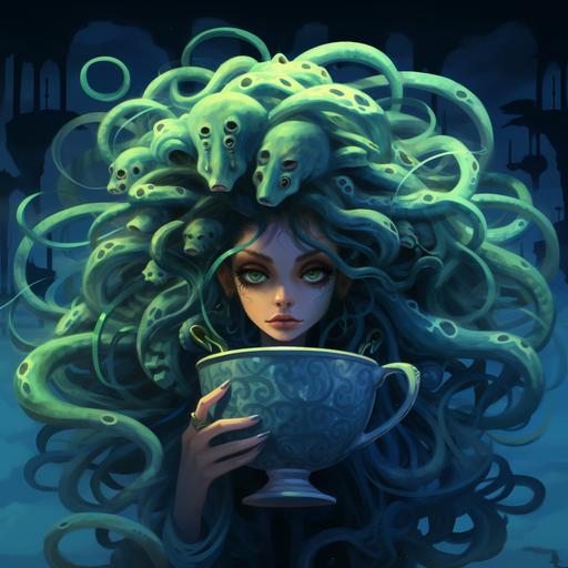 medusa drinking tea cartoon styles