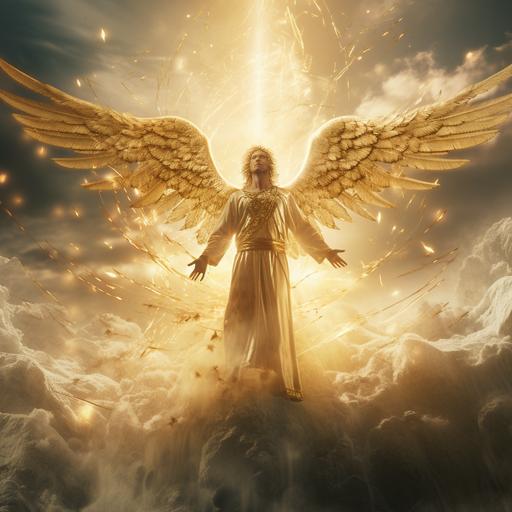 messenger of the Light, male angel, gold, coming from heaven to earth, 4k --v 5.2