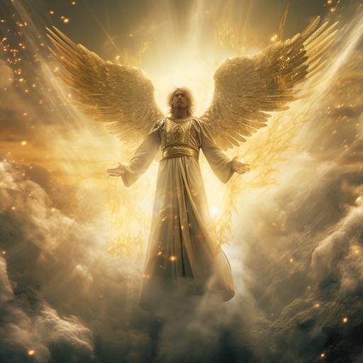 messenger of the Light, male angel, gold, coming from heaven to earth, 4k --v 5.2