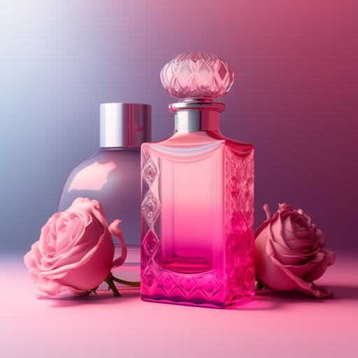 middle ground: pink perfume bottle, roses, glass table] + [background: light ombre ] pink Bright mood, Fine details, 9:16