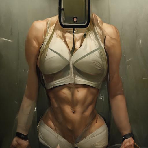 mirror selfie, hot muscular girl showing her abs, submissive position, 8k resolution, tilt blur, gamma, short pants, too small bra, super detailed, high contrast, nip outline, strong, ray tracing ambient occlusion, extremely detailed and intricate, barely any clothes, kiss face, super-resolution