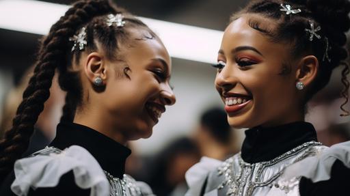backstage photography, white and black teen dancers in off guard picture, looking at each other, displaying teamwork and positive bonds, in a fun way backstage as they prepare to perform for a dance competition, costume looks expensive, hair is neat and out of face, Sony Alpha a7 III camera, detailed facial features --style raw --ar 16:9