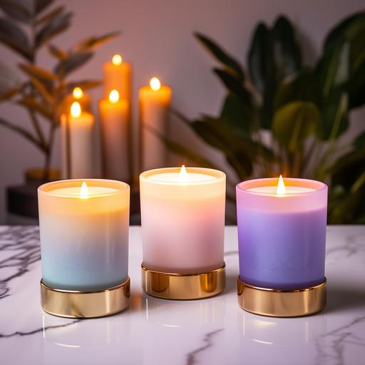 fun luxury candle line | 14 oz frosted glass tumbler jars | solid color candles | luxury ombre background | luxury aesthetic | 4 candles | dreamy luxury background | wick is covered and not shown | gold lid | product placement | no text