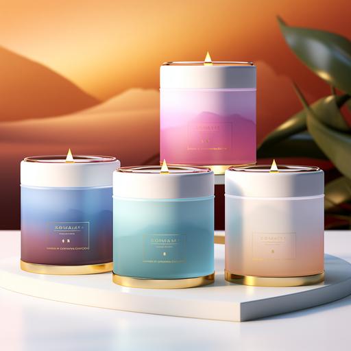 fun luxury candle line | 14 oz frosted glass tumbler jars | solid color candles | luxury ombre background | luxury aesthetic | 4 candles | dreamy luxury background | wick is covered and not shown | gold lid | product placement | no text