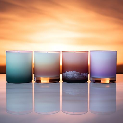 luxury candle line | 14 oz frosted glass tumbler jars | solid color candles | luxury ombre background | luxury aesthetic | 4 candles | dreamy luxury background | wax not visible in frosted vessles | no text on candles