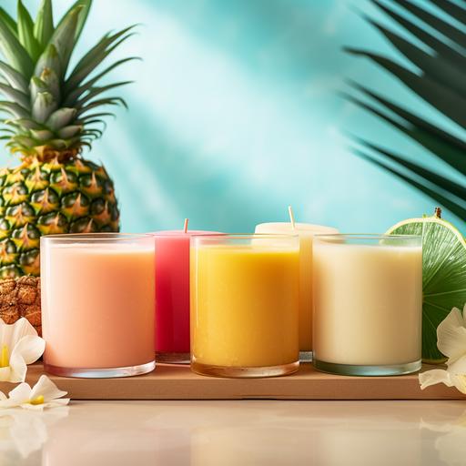luxury candle line | 14 oz frosted tumbler jars | solid color candles | luxury ombre background | luxury aesthetic | 4 candles | dreamy luxury background | wax not visible in frosted vessles | no text on candles | candle is splashing into a burst of pineapples & coconut milk & mango
