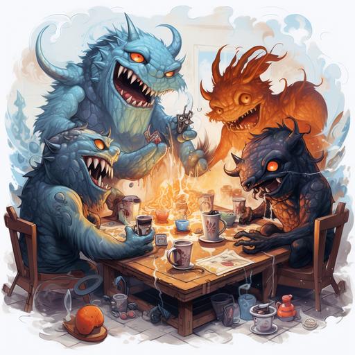 monsters playing board games in the sweltering hot, surrounded by iced drinks, in a hand drawn style