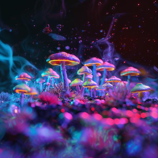 neon psychedelic colorfull mushroom field