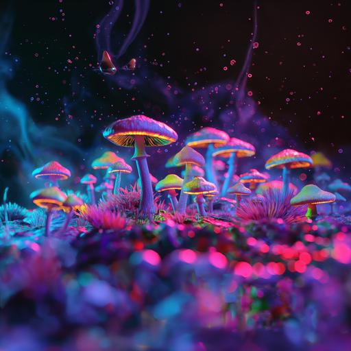 neon psychedelic colorfull mushroom field