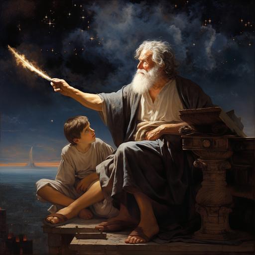 old socrates showing young plato the sky through an old-fashioned telescope under a starry sky