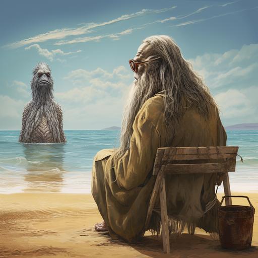 old wizard sitting in a beach bench looking at his back sunglasses on, in front of him a massime Marine monster is emerging from the ocean, view from behind