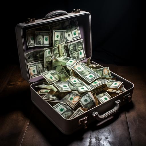 opened suitcase full of cash, cash is bright and slithly shyning, suitcase is front faced