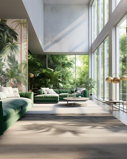 modern house in winter, white walls with a jungle wallpaper behind a modern green sofa in the living room, bright daylight, depicted in ultra-realistic, high resolution, 3-D Render, with intricate detail and superb quality. The resolution should be 8k --ar 4:5 --v 5.2