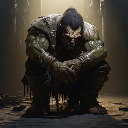 orc lieutenant on his knees begging for mercy as he is full of fear, illustrated animation