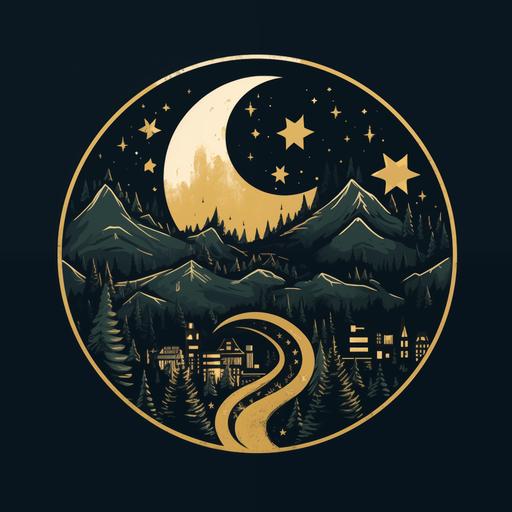 park city utah, elevated nightly rental logo, mountains, pine trees, crescent moon, midnight blue, gold tops, forest green, ivory,