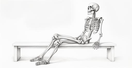 pencil sketch of funny skeleton waiting drawn on white background --ar 293:151