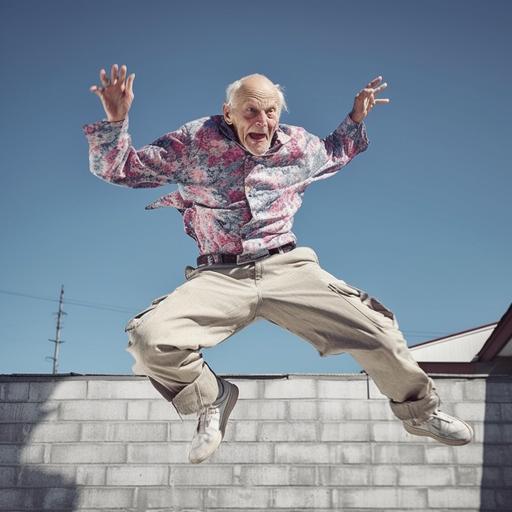 Old person doing a backflip with a lot of control, old person clothes