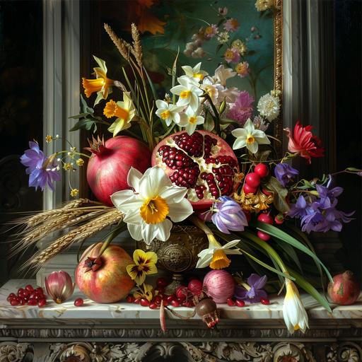 photo realistic bouquet of pommegranate, narcissus, crocus, wheat and spring blossons on an ornate alter