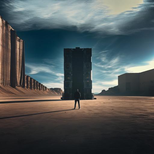 , photograph of a giant black sound system speaker monolith in the dry desert, blue sky, lonely explorer astronaut and ape standing in front 2001 space movie, realistic, surreal panoramic, 8k --chaos 33
