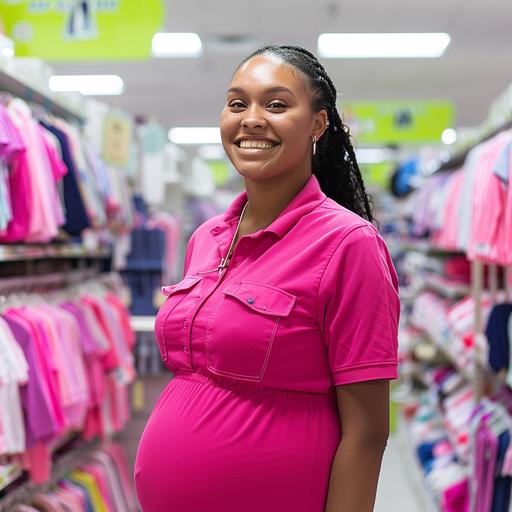 photograph of a happy pregnant woman worker - working in a department store wearing a uniform - light and bright pink and purple colours --v 6.0