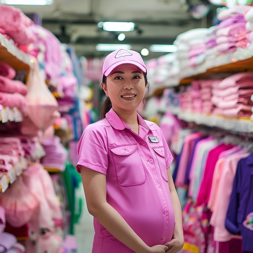 photograph of a happy pregnant woman worker - working in a department store wearing a uniform - light and bright pink and purple colours --v 6.0