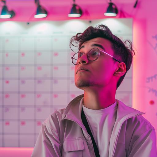 photograph of a worker standing in front of a calendar looking puzzled like they are trying to work out a schedue - light and bright pink and purple colours --v 6.0