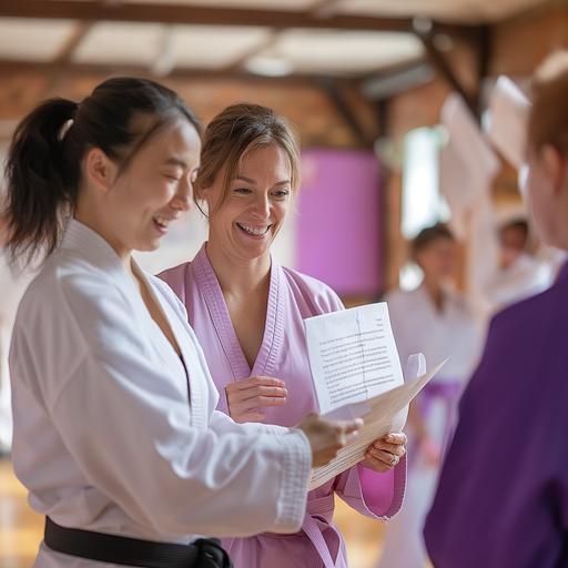 photograph of martial arts teachers include women as well as men reviewing a contract - use light and bright pink and purple colours --v 6.0