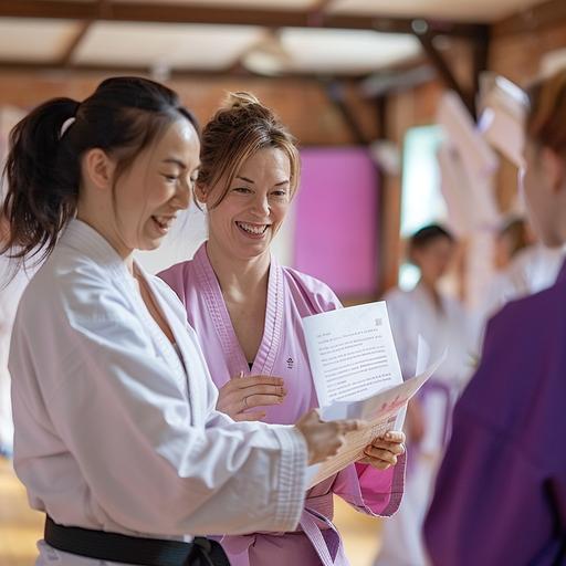 photograph of martial arts teachers include women as well as men reviewing a contract - use light and bright pink and purple colours