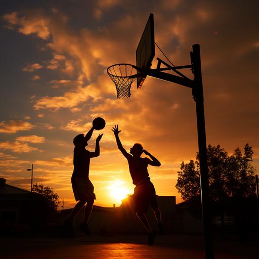 pickup basketball game, friends, happy, 30 year old, California, photograph, sunset, backlit