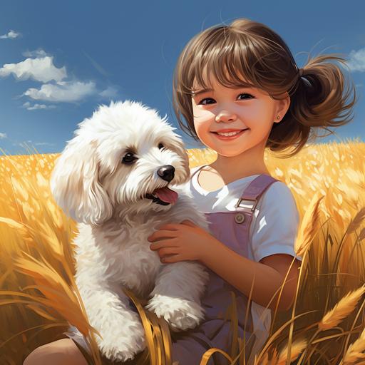 picture of little girl toddler in a field with a small white fluffy poodle,vivid color,cartoon style,realistic,detailed