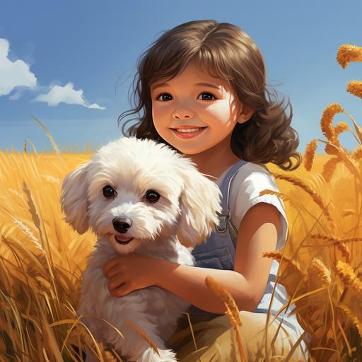 picture of little girl toddler in a field with a small white fluffy poodle,vivid color,cartoon style,realistic,detailed