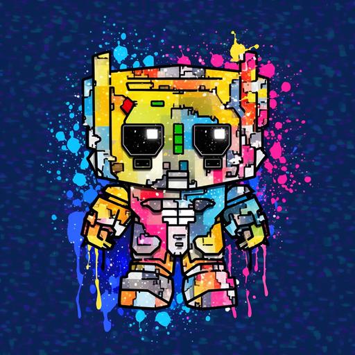 pixel bit art, Cryptopunk paint drip, logo, Doodle, stiker, pop art, baby transformer with galaxy, funko pop, cute, chubby, psychedelic trip, transformer toddler, --v 5.0
