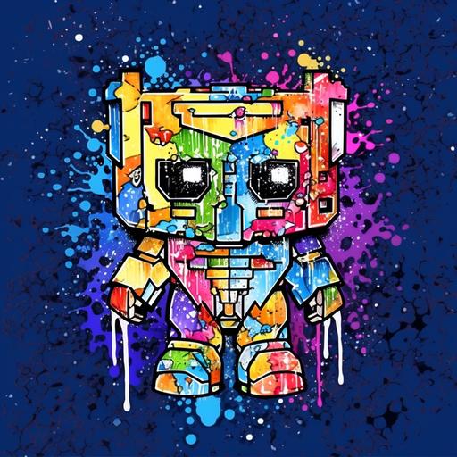 pixel bit art, Cryptopunk paint drip, logo, Doodle, stiker, pop art, baby transformer with galaxy, funko pop, cute, chubby, psychedelic trip, transformer toddler, --v 5.0