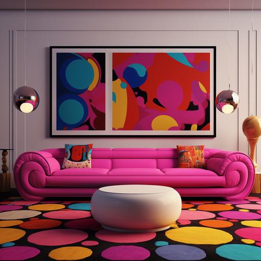pop art room, sofa magenta, multicolour frame, carpet pois color, realistic, archiviz, render,