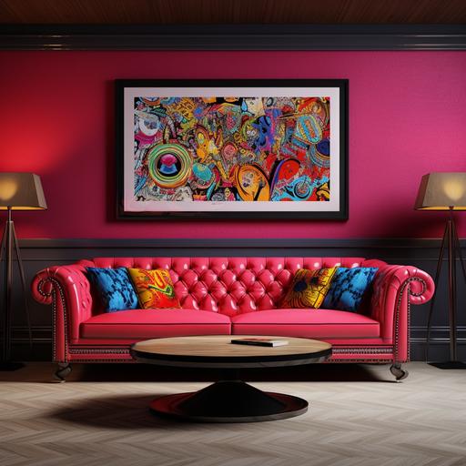 pop art room, sofa red, frame multicolor, light color